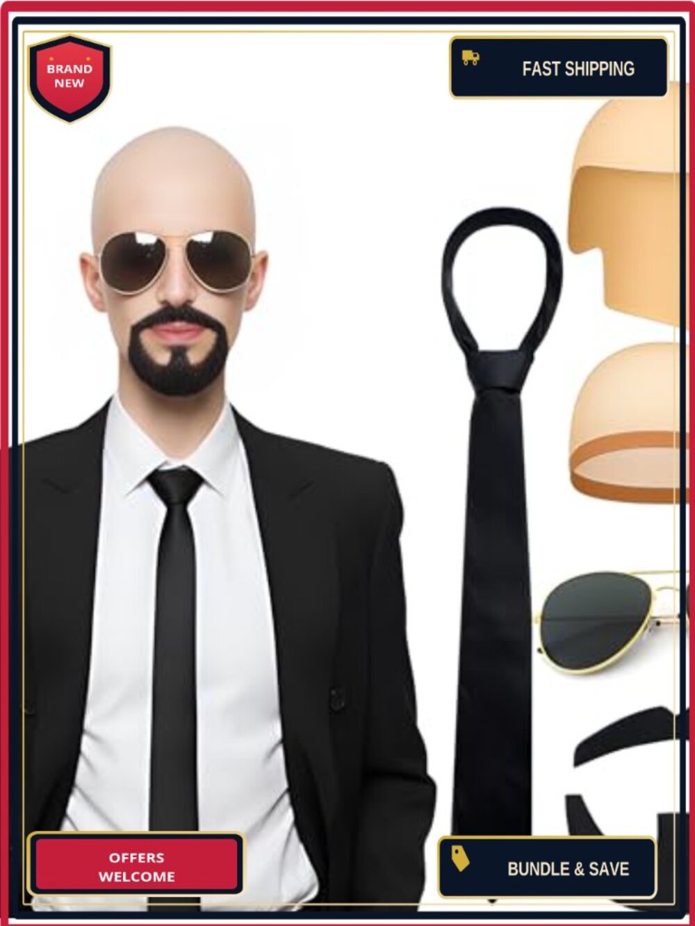 5 Pc Halloween Costume Set Bald Cap Sunglasses Tie Fake Mustache Adult Cosplay
